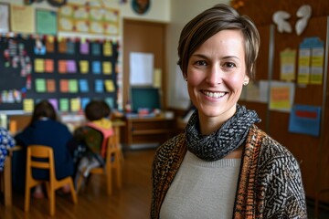 Smiling female teacher leading elementary school class with engaged students in background