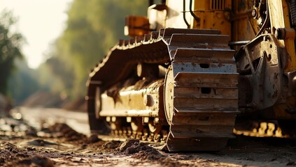 Detail of a bulldozer working on a road construction site.