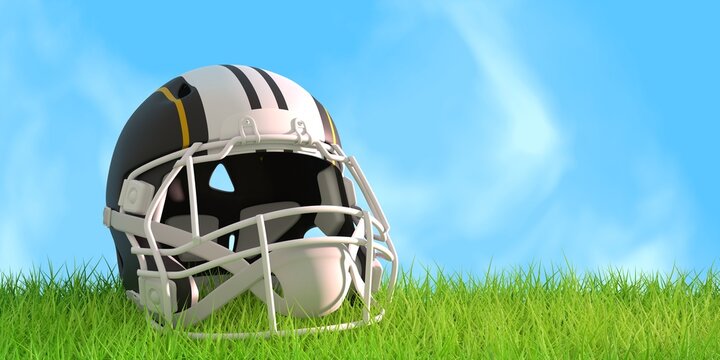 American football helmet with Las Vegas Raiders team colors. Green grass of football field. 3D render