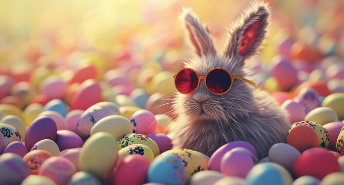 conejo con gafas de sol tumbado y rodeado de huevos de pascua pintados de diferentes colores, sobre  fondo bokeh desenfocado