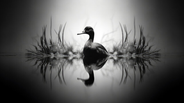 Photo of duck, black and white minimal abstract style