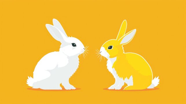 illustration of two cute white and pale rabbit decorations. Animal characters isolated on yellow background.