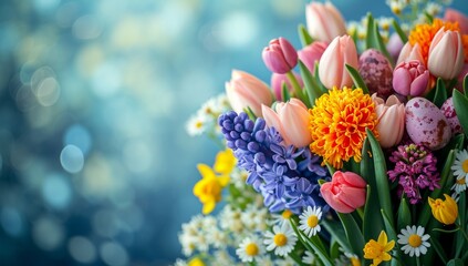 Bouquet of spring flowers and Easter eggs on bokeh background