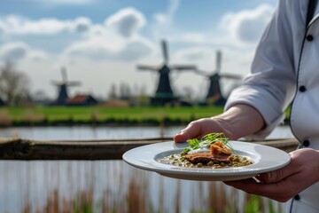 Iconic Dutch Gastronomy: Chef Reveals a Plate of Erwtensoep, Traditional Split Pea Soup, Against the Windmills of Zaanse Schans - A presentation Infused with Coziness and Rich Savory Flavors.