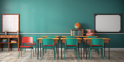 Light green walled classroom With copy space for text Light green classroom, empty teacher's table front view, minimal school table template.
