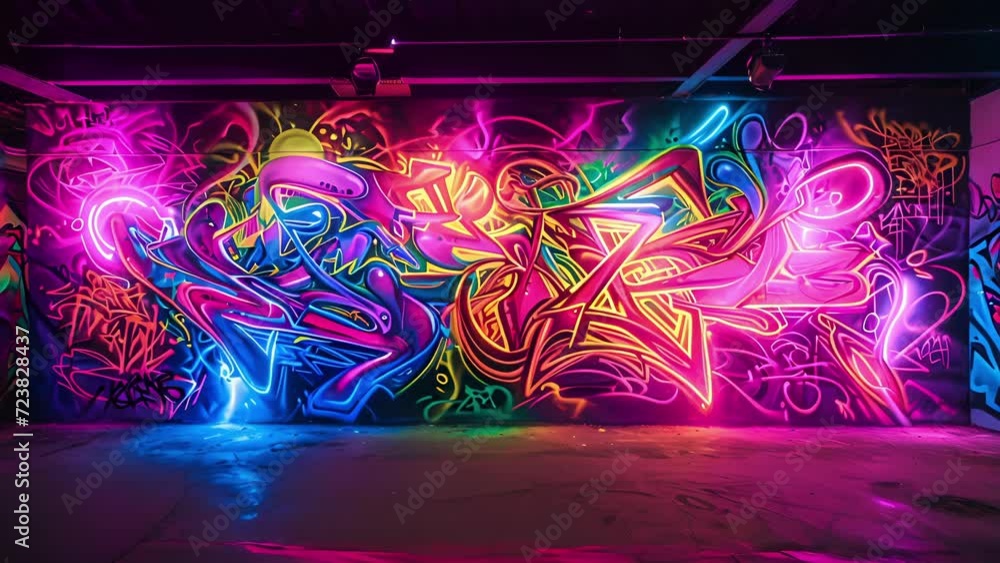 Poster a neon mural featuring a fusion of different graffiti styles and techniques creating a visually stun