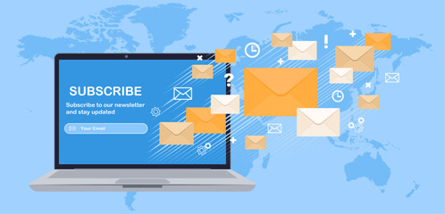 E-Mail Marketing and promotion illustration with laptop and letters on blue background, world map.