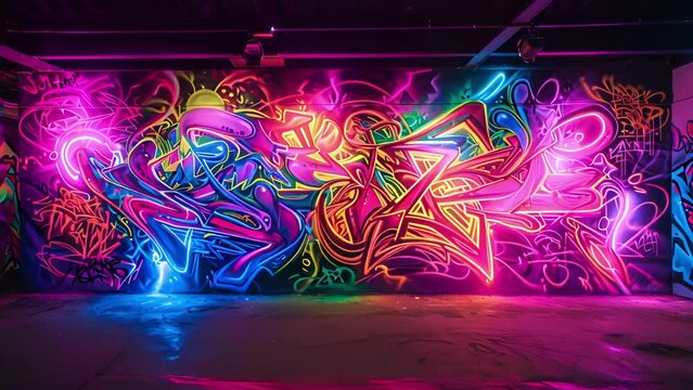 A neon mural featuring a fusion of different graffiti styles and techniques creating a visually stunning masterpiece.