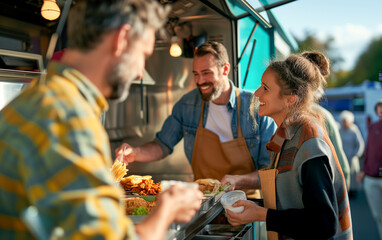 People buying food from a food truck.
