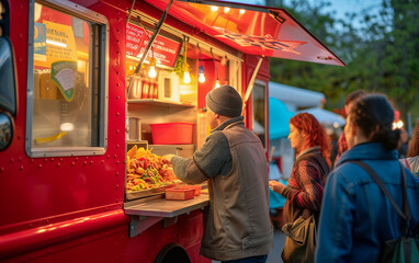 People buying food from a food truck.