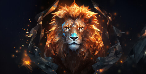 lion in the night, a lion with half its face turning into a diamond