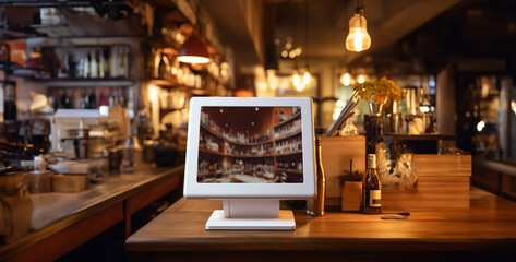 a counter, monitor on a bar counter in restaurant in white - obrazy, fototapety, plakaty