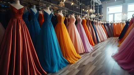 Elegant formal dresses for sale in luxury modern shop boutique. Prom gown, wedding, evening, bridesmaid dresses dress details. Dress rental for various occasions and events, generative ai - obrazy, fototapety, plakaty