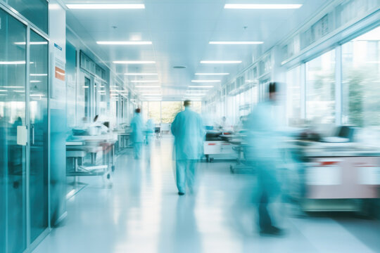 Health. abstract motion blur image of medical personnel working in emergency room at hospital office building in city downtown, blurred background, business center, medical technology concept