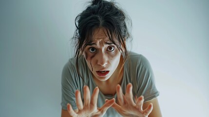 I'm afraid. Portrait of a frightened scared young woman with a bruise or abrasion on the face, on a white background in a begging pose extends arms forward in defense - obrazy, fototapety, plakaty