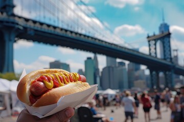 New York Bites: Classic Street Food Moment as a Vendor Serves an Iconic Hot Dog Against the Backdrop of the Brooklyn Bridge, Capturing Urban Flair and Architectural Splendor.

 - obrazy, fototapety, plakaty