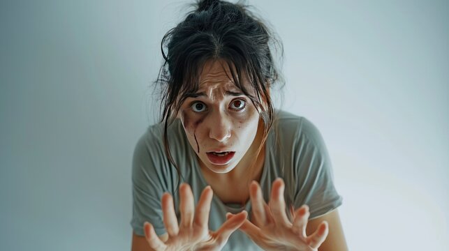 I'm afraid. Portrait of a frightened scared young woman with a bruise or abrasion on the face, on a white background in a begging pose extends arms forward in defense