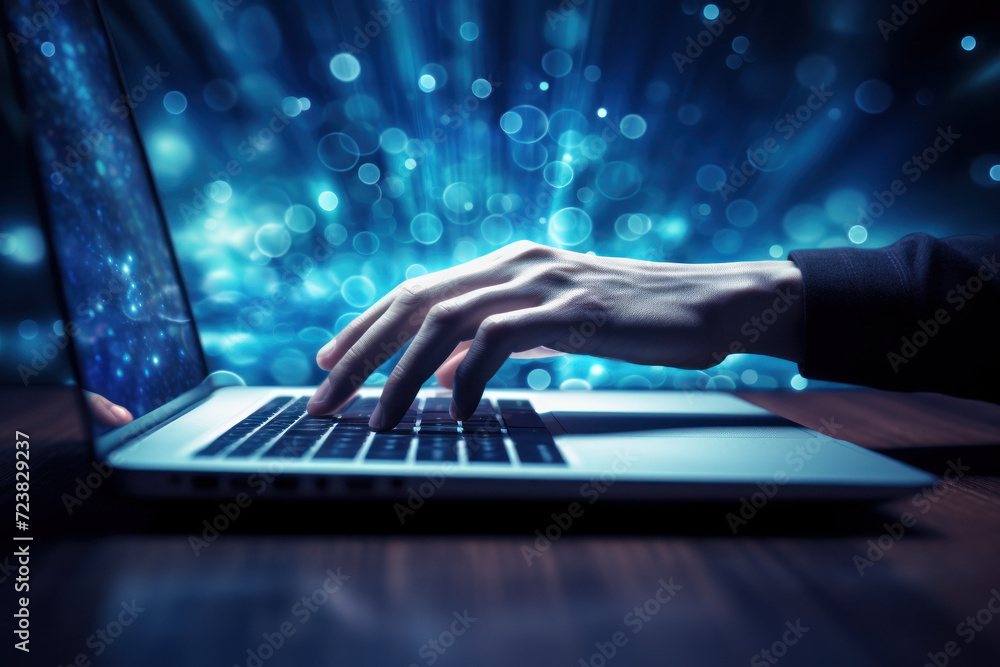 Poster cybersecurity. business people working on laptop computer with global media link connecting on desk,