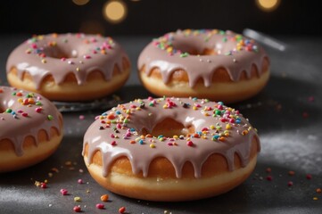 Delicious chocolate glazed donuts with colorful sprinkles