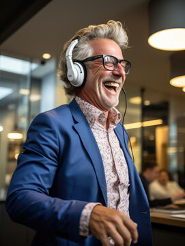 Photo of happy office worker in his fifties listening to music with headphones