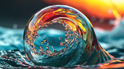 Transparent orb with liquid colors swirling and swooshing, resembling a tsunami wave, spinning dynamically - obrazy, fototapety, plakaty