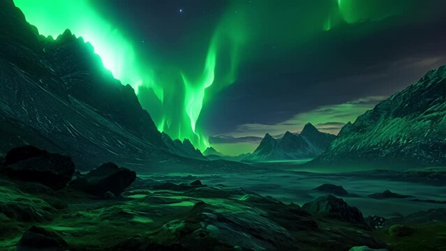 The neon aurora enchants the night sky creating a breathtaking scene that seems almost unreal.