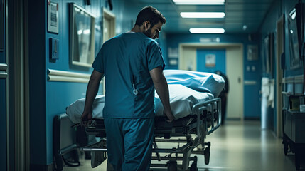 Male nurse pushing stretcher gurney bed in hospital - obrazy, fototapety, plakaty
