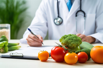 Nutrition. fresh vegetable and fruit on desk with nutritionist male doctor working at office hospital, nutrition, diet plan, nutrition, food science, healthy food concept
