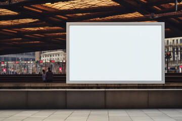 mock up of vertical blank advertising billboard or light box showcase at airport or train station, copy space for your text message or media content, advertisement, commercial and marketing concept