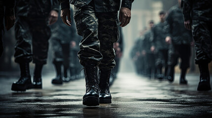 Marching army of men in uniform and boots close up