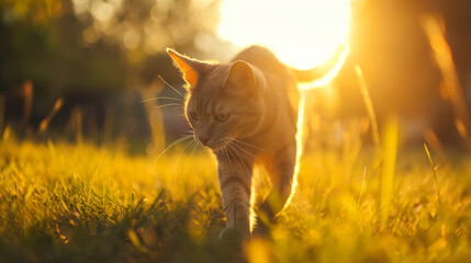 The cat is walking on the grass. - Powered by Adobe