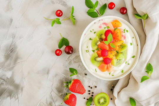 Plate of fresh fruits and yogurt, which convey the idea of peace and serenity, food concept, generative ai