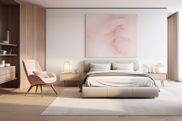 Photo of minimal light colored bedroom interior with bed and modern decoration
