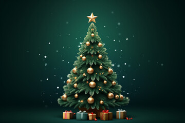 Obraz premium Decorated with ornaments and lights Christmas tree on dark green background. Merry Christmas and Happy Holidays greeting card, frame, banner. New Year. Noel. Winter holiday theme