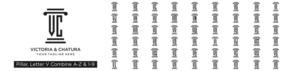 set of pillar logo design combined letter V with A to Z and numbers from 1 to 9. vector illustration