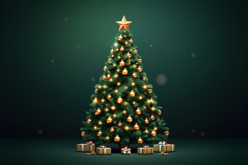 Fototapeta premium Decorated with ornaments and lights Christmas tree on dark green background. Merry Christmas and Happy Holidays greeting card, frame, banner. New Year. Noel. Winter holiday theme