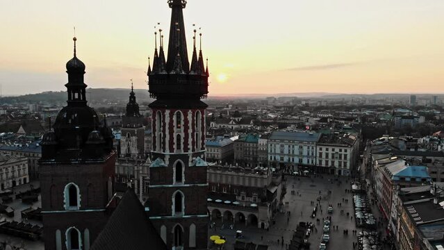Sunset in Poland old city aerial view
