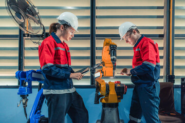 Robotic Technicians Inspecting and Repairing Factory Robot.