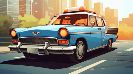Vintage Police Car on the Street - Cartoon Illustration of an Old Police Vehicle