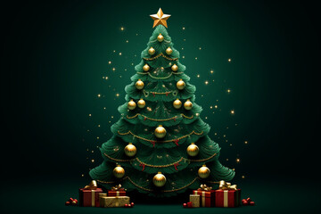 Obraz premium Decorated with ornaments and lights Christmas tree on dark green background. Merry Christmas and Happy Holidays greeting card, frame, banner. New Year. Noel. Winter holiday theme