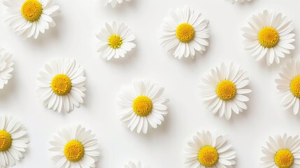 Scattered white daisy petals on simple background, top view for design and decoration