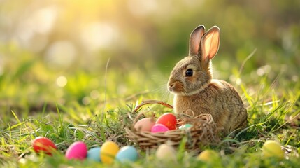 Fototapeta na wymiar Lovely bunny easter fluffy baby rabbit eating grass with a basket full of colorful easter eggs on nature background. Symbol of easter festival.