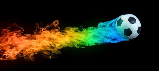 Soccer ball with colorful smoke on black background   copy space for text placement