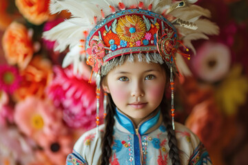 A young Kazakh girl, dressed in vibrant traditional attire