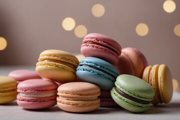 Assorted colorful macarons with festive bokeh background