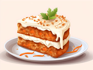 Watercolor illustration of a piece of carrot cake with buttercream on a plate, white background 