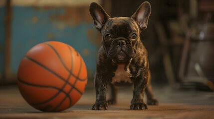 Action photograph of french bulldog playing basketball Animals. Sports