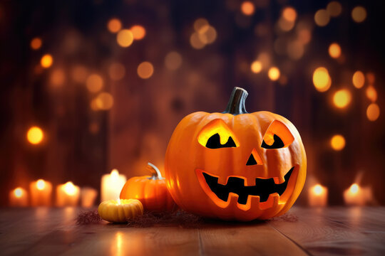 Photo of pumpkin jack o lantern at illuminated and celebratory background