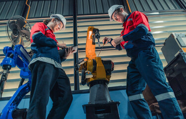 Robotic Technicians Inspecting and Repairing Factory Robot.