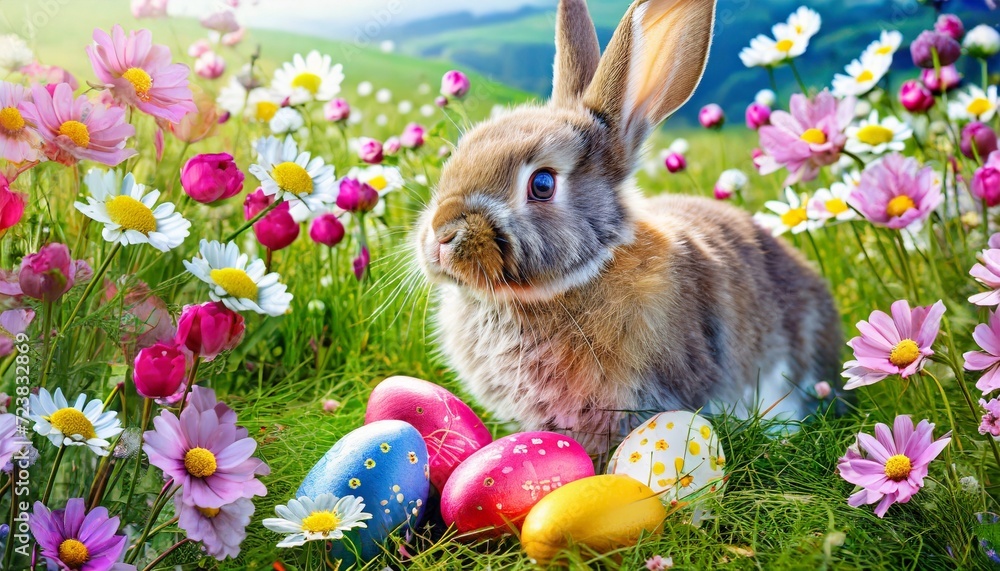 Wall mural adorable bunny with easter eggs in flowery meadow - Wall murals